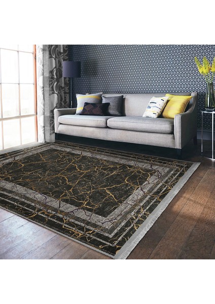 Füme - Kahverengi Zeminde Çerçeveli Motifli Antik Desenli Avangarde Klasik Salon & Oturma Odası Dış Mekan & Outdoor Dijital Baskılı Makinede Yıkanabilir Kaymaz Taban Saçaklı Halı indirimleri