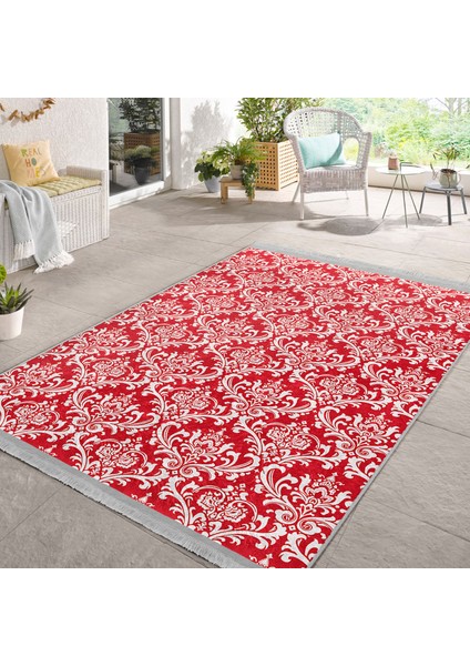 Kırmızı Zeminde Damask Motifli Otantik Desenli Avangarde Vintage Koridor & Antre Ofis Dijital Baskılı Makinede Yıkanabilir Kaymaz Taban Saçaklı Halı