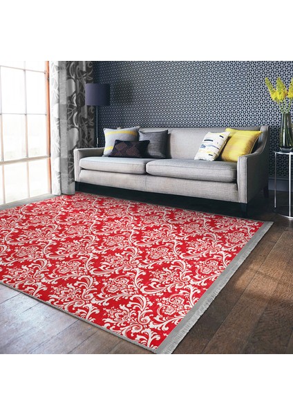 Kırmızı Zeminde Damask Motifli Otantik Desenli Avangarde Vintage Koridor & Antre Ofis Dijital Baskılı Makinede Yıkanabilir Kaymaz Taban Saçaklı Halı