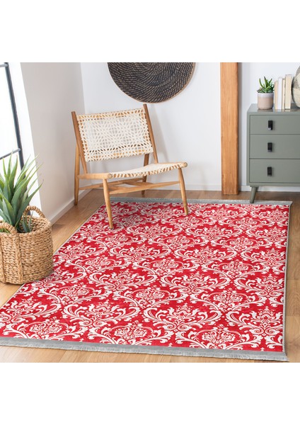 Kırmızı Zeminde Damask Motifli Otantik Desenli Avangarde Vintage Koridor & Antre Ofis Dijital Baskılı Makinede Yıkanabilir Kaymaz Taban Saçaklı Halı