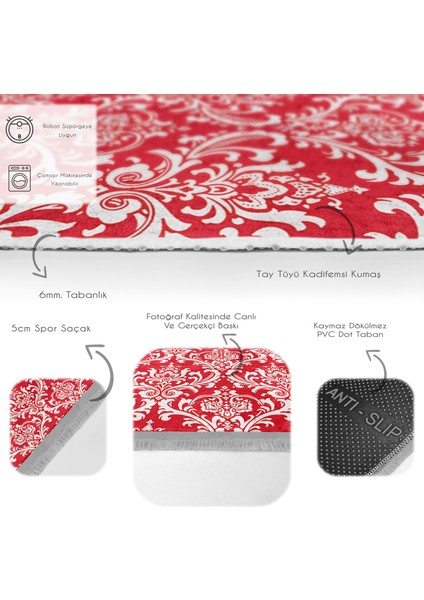 Kırmızı Zeminde Damask Motifli Otantik Desenli Avangarde Vintage Koridor & Antre Ofis Dijital Baskılı Makinede Yıkanabilir Kaymaz Taban Saçaklı Halı