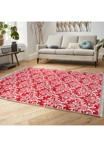 Kırmızı Zeminde Damask Motifli Otantik Desenli Avangarde Vintage Koridor & Antre Ofis Dijital Baskılı Makinede Yıkanabilir Kaymaz Taban Saçaklı Halı