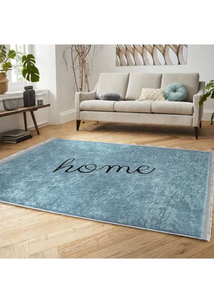Mavi - Siyah Zeminde Home Yazılı Motifli Düz Renk Desenli Sade & Şık Klasik Salon & Oturma Odası Koridor & Antre Dijital Baskılı Makinede Yıkanabilir Kaymaz Taban Saçaklı Halı