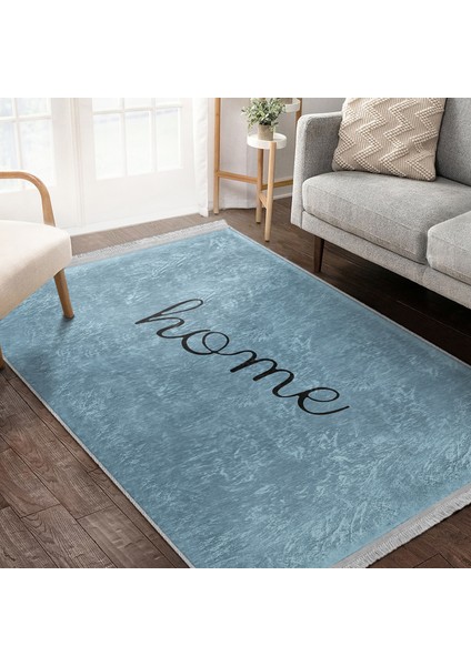 Mavi - Siyah Zeminde Home Yazılı Motifli Düz Renk Desenli Sade & Şık Klasik Salon & Oturma Odası Koridor & Antre Dijital Baskılı Makinede Yıkanabilir Kaymaz Taban Saçaklı Halı fiyatları