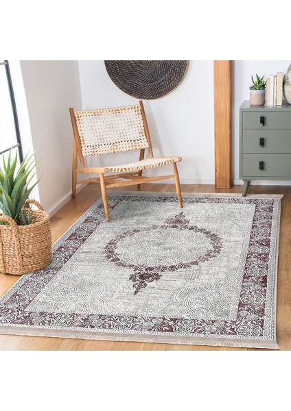 Krem - Pembe Zeminde Hereke Motifli Dokuma Desenli Avangarde Sade & Şık Salon & Oturma Odası Yatak Odası Dijital Baskılı Makinede Yıkanabilir Kaymaz Taban Saçaklı Halı