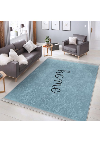 Mavi - Siyah Zeminde Home Yazılı Motifli Düz Renk Desenli Sade & Şık Klasik Salon & Oturma Odası Koridor & Antre Dijital Baskılı Makinede Yıkanabilir Kaymaz Taban Saçaklı Halı modelleri