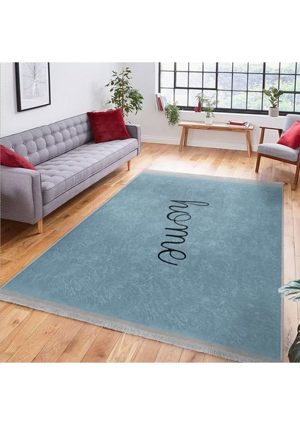 Mavi - Siyah Zeminde Home Yazılı Motifli Düz Renk Desenli Sade & Şık Klasik Salon & Oturma Odası Koridor & Antre Dijital Baskılı Makinede Yıkanabilir Kaymaz Taban Saçaklı Halı indirimleri