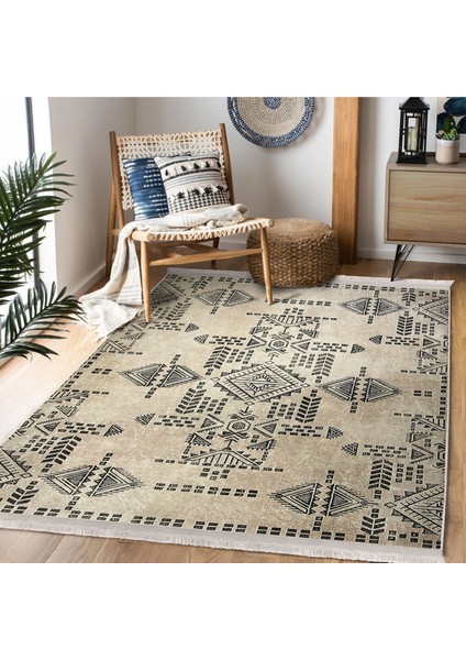 Krem - Siyah Zeminde Etnik Motifli Antika Desenli Etnik Motifler Vintage Yatak Odası Salon & Oturma Odası Dijital Baskılı Makinede Yıkanabilir Kaymaz Taban Saçaklı Halı modelleri