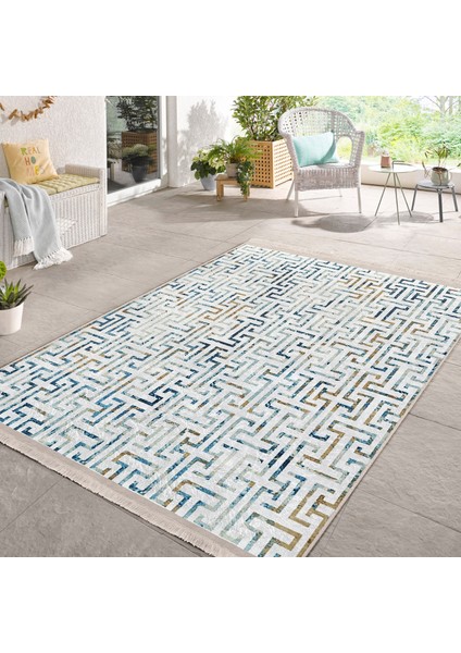Mavi Zeminde Geometrik Motifli Eskitme Desenli Geometrik Klasik Banyo Mutfak Dijital Baskılı Makinede Yıkanabilir Kaymaz Taban Saçaklı Halı