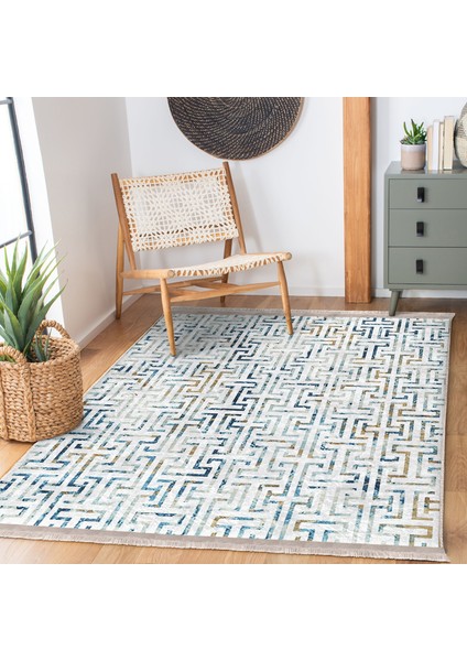Mavi Zeminde Geometrik Motifli Eskitme Desenli Geometrik Klasik Banyo Mutfak Dijital Baskılı Makinede Yıkanabilir Kaymaz Taban Saçaklı Halı modelleri