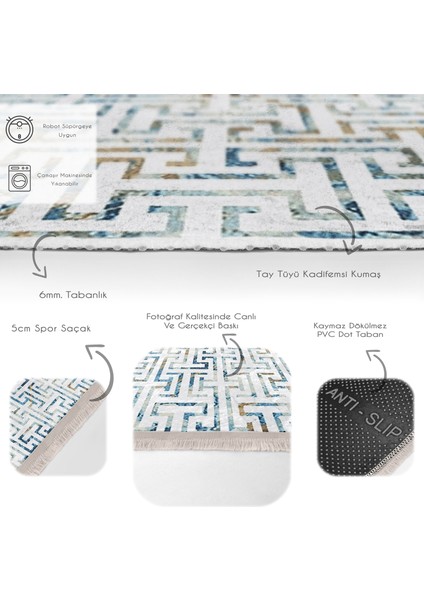 Mavi Zeminde Geometrik Motifli Eskitme Desenli Geometrik Klasik Banyo Mutfak Dijital Baskılı Makinede Yıkanabilir Kaymaz Taban Saçaklı Halı fırsatları