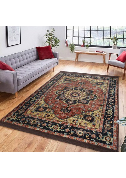 Renkli Zeminde Kilim Motifli Hereke Desenli Avangarde Etnik Motifler Salon & Oturma Odası Koridor & Antre Dijital Baskılı Makinede Yıkanabilir Kaymaz Taban Saçaklı Halı