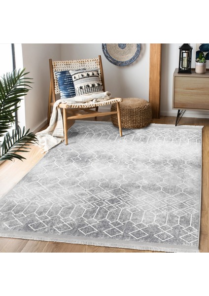 Gri Zeminde Etnik Motifli Geleneksel Desenli Geometrik Eskitme Motifli Salon & Oturma Odası Koridor & Antre Dijital Baskılı Makinede Yıkanabilir Kaymaz Taban Saçaklı Halı