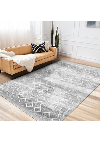 Gri Zeminde Etnik Motifli Geleneksel Desenli Geometrik Eskitme Motifli Salon & Oturma Odası Koridor & Antre Dijital Baskılı Makinede Yıkanabilir Kaymaz Taban Saçaklı Halı indirimleri
