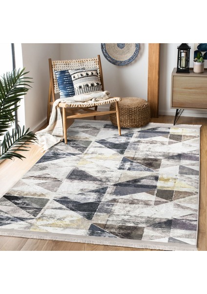 Ekru Zeminde Üçgen Motifli Geometrik Desenli Eskitme Motifli Vintage Salon & Oturma Odası Koridor & Antre Dijital Baskılı Makinede Yıkanabilir Kaymaz Taban Saçaklı Halı fiyatları