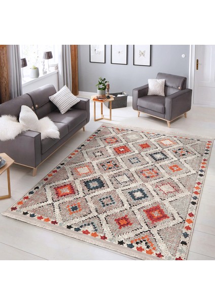 Çok Renkli Zeminde Kilim Motifli Pers Desenli Vintage Avangarde Salon & Oturma Odası Koridor & Antre Dijital Baskılı Makinede Yıkanabilir Kaymaz Taban Saçaklı Halı
