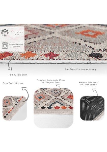 Çok Renkli Zeminde Kilim Motifli Pers Desenli Vintage Avangarde Salon & Oturma Odası Koridor & Antre Dijital Baskılı Makinede Yıkanabilir Kaymaz Taban Saçaklı Halı fırsatları