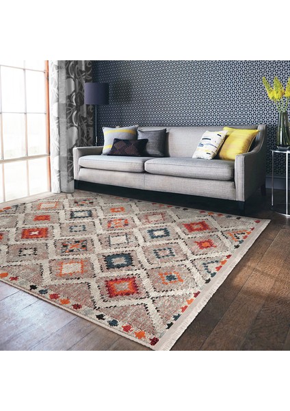 Çok Renkli Zeminde Kilim Motifli Pers Desenli Vintage Avangarde Salon & Oturma Odası Koridor & Antre Dijital Baskılı Makinede Yıkanabilir Kaymaz Taban Saçaklı Halı indirimleri