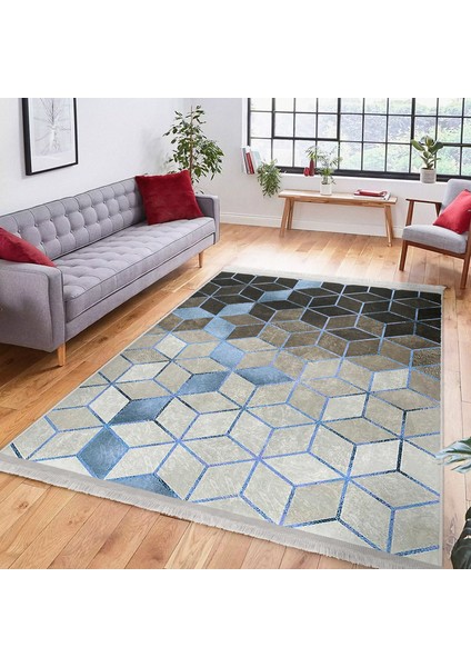 Siyah - Mavi Zeminde Geometrik Motifli Mozaik Desenli Geometrik Klasik Salon & Oturma Odası Koridor & Antre Dijital Baskılı Makinede Yıkanabilir Kaymaz Taban Saçaklı Halı