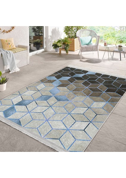 Siyah - Mavi Zeminde Geometrik Motifli Mozaik Desenli Geometrik Klasik Salon & Oturma Odası Koridor & Antre Dijital Baskılı Makinede Yıkanabilir Kaymaz Taban Saçaklı Halı fiyatları