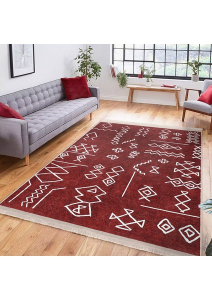 Kırmızı Zeminde Etnik Motifli Tribal Desenli Etnik Motifler Geometrik Salon & Oturma Odası Koridor & Antre Dijital Baskılı Makinede Yıkanabilir Kaymaz Taban Saçaklı Halı indirimleri