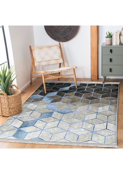 Siyah - Mavi Zeminde Geometrik Motifli Mozaik Desenli Geometrik Klasik Salon & Oturma Odası Koridor & Antre Dijital Baskılı Makinede Yıkanabilir Kaymaz Taban Saçaklı Halı indirimleri