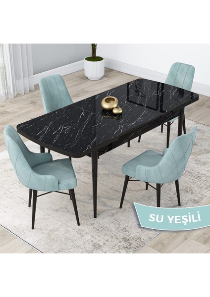 Concept Kar Serisi 80 x 132 cm Açılabilir Mdf Mutfak Masa Takımı Siyah Mermer Desen Masa 4 Sandalye