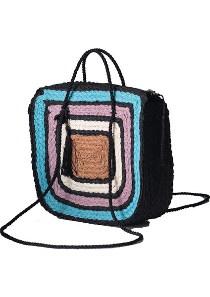 Kadın Çok Renkli Çift Askılı Hasır Örgü Omuz Çantası