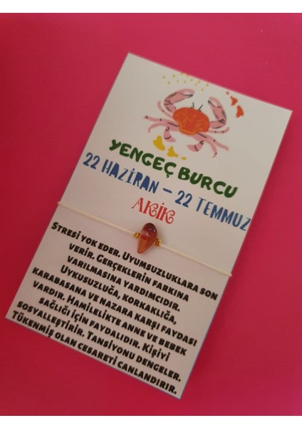 Yengeç Burcu Akik Doğal Taşlı Ip Burç Bilekliği