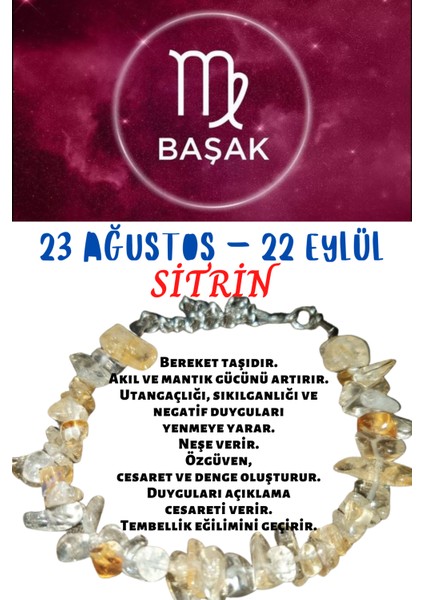 Burç Taşı Başak Burcu Sitrin Taşı Bileklik