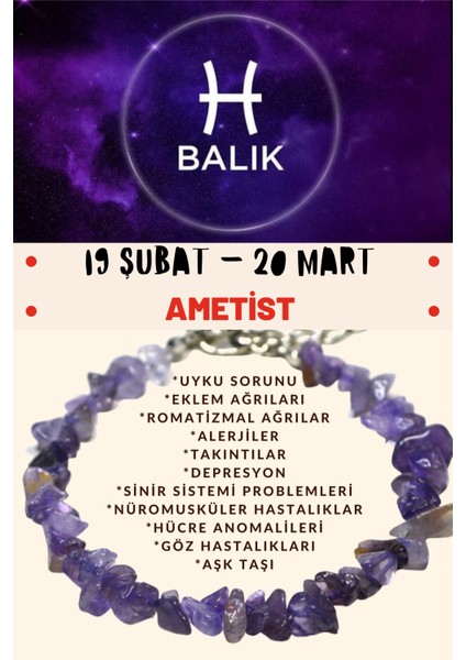 Burç Taşı Balık Burcu Ametist Taşı Bileklik