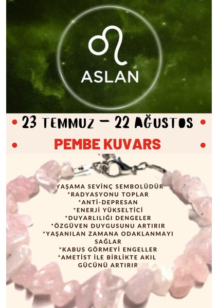 Burç Taşı Aslan Burcu Pembe Kuvars Taşı Bileklik