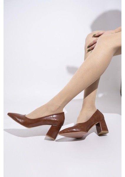 Marla Taba Krok Baskılı Kalın Topuklu Stiletto Ayakkabı