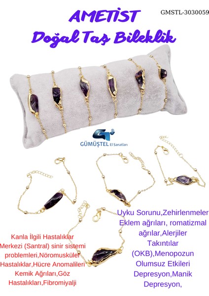 Doğal Işlenmemiş Ametist Taşı Bileklik Tasarım Sevgiliye Anneye Hediye Sürpriz Hediyeli