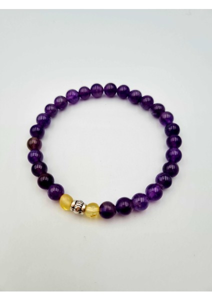 Doğal Ametist & Kehribar Taşı Bileklik 6 mm