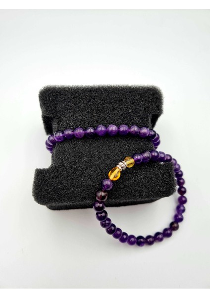 Doğal Ametist & Kehribar Taşı Bileklik 6 mm fiyatları