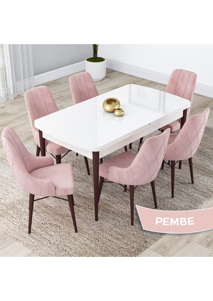 Concept Kar Serisi 80 x 132 cm Açılabilir Mdf Mutfak Masa Takımı Beyaz Masa Ceviz Masa 6 Sandalye