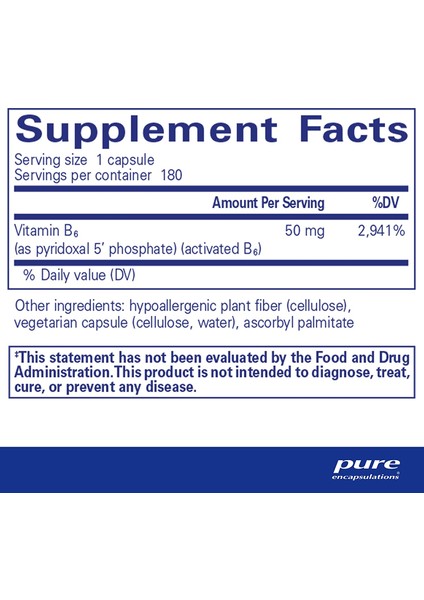 Pure Encapsulations P5P ( Pyridoxal 5 Phosphate ) Activated Vitamin B6 Hypoallergenic 180 Capsules B6 Vitamini Aktif Form