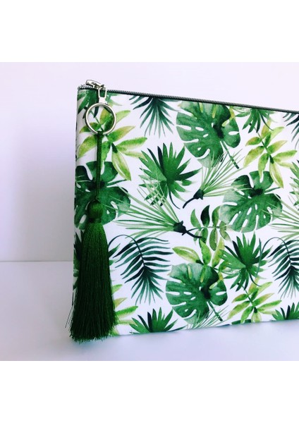 Clutch Çanta Yeşil Yaprak Desen