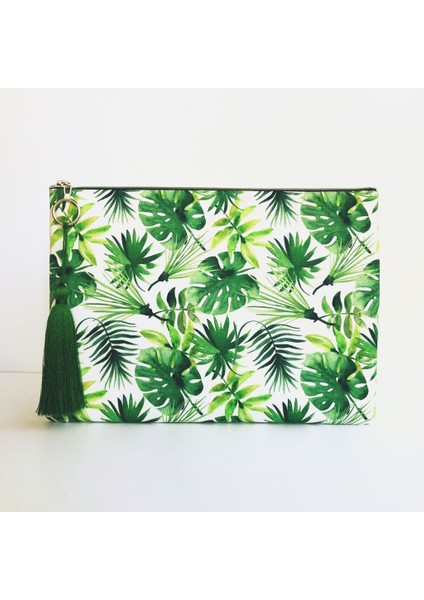 Clutch Çanta Yeşil Yaprak Desen