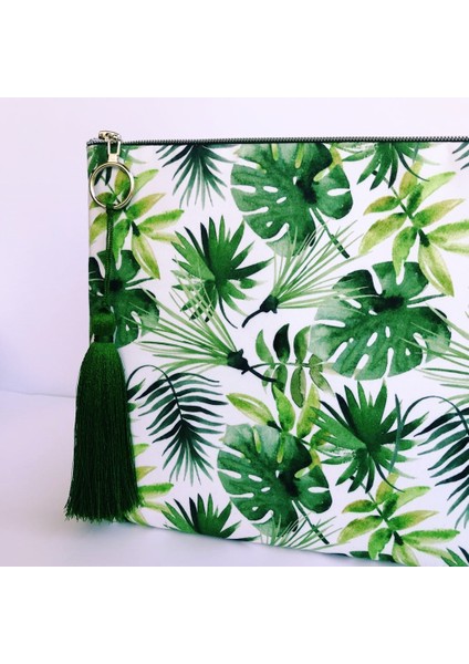 Clutch Çanta Yeşil Yaprak Desen