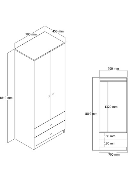 FERNISO Zoe 2 Kapılı 2 Çekmeceli Elbise Dolabı Gardırop