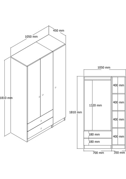 Zoe 3 Kapılı 2 Çekmeceli Elbise Dolabı Gardırop fırsatları