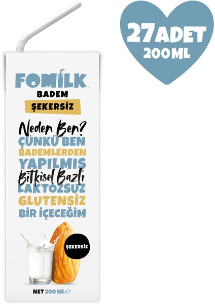 Badem Sütü 200 Ml X27 Glutensiz Bitkisel Bazlı Laktozsuz Vegan Şekersiz
