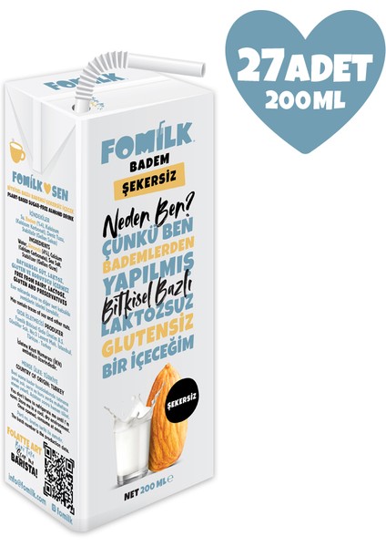 Badem Sütü 200 Ml X27 Glutensiz Bitkisel Bazlı Laktozsuz Vegan Şekersiz