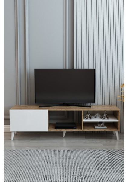 Izco Design Luna Tv Ünitesi 150 cm Genişlik Çam Beyaz Tek Kapaklı Raflı Tv Sehpası