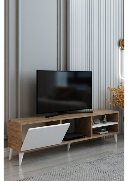 Izco Design Luna Tv Ünitesi 150 cm Genişlik Çam Beyaz Tek Kapaklı Raflı Tv Sehpası