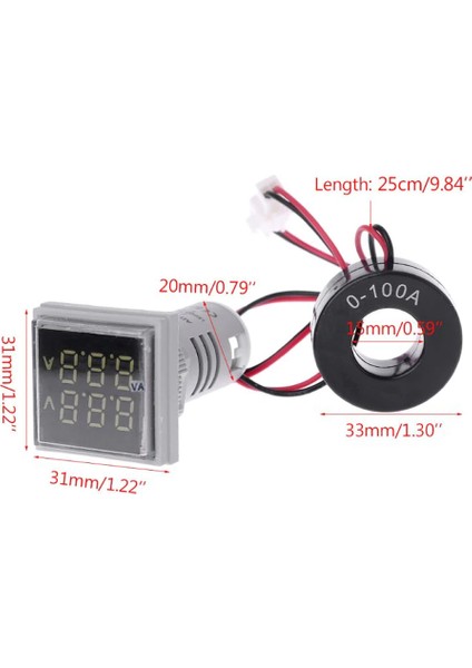 Ac 20-500V 100A Kare Dijital Voltmetre Ampermetre 220V Kırmızı