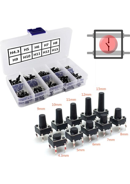 200 Adet 6X6MM Tact Buton Set 10 Farklı Yükseklikte 4 Pin Dokunmatik Anlık Basmalı Düğme Anahtar