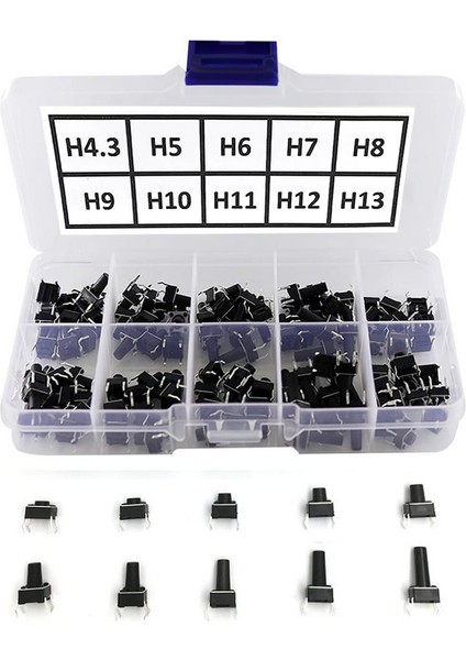 200 Adet 6X6MM Tact Buton Set 10 Farklı Yükseklikte 4 Pin Dokunmatik Anlık Basmalı Düğme Anahtar